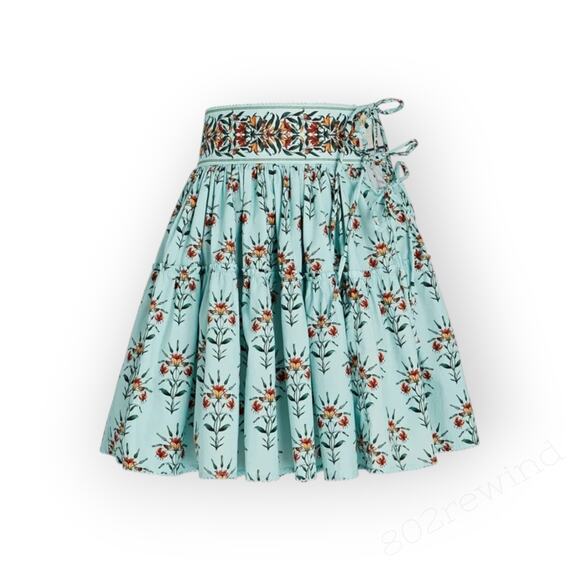 Large NEW Agua by AguaBendita Grosella Floral Tie Tiered Miniskirt Monarca Azul - Picture 2 of 11